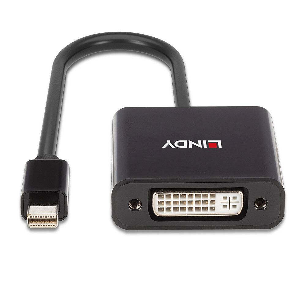 Een zwarte adapter met een Mini DisplayPort naar DVI-aansluiting. Gefabriceerd door een bedrijf, herkenbaar aan het logo aan de voorkant.