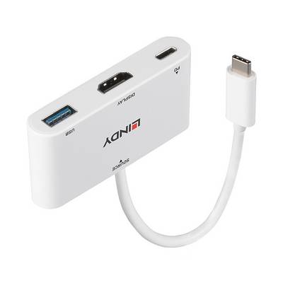 Een witte adapter met USB-C-stekker, HDMI-uitgang, USB-poort en extra USB-C-aansluiting. Gemerkt met 'LINDY'.