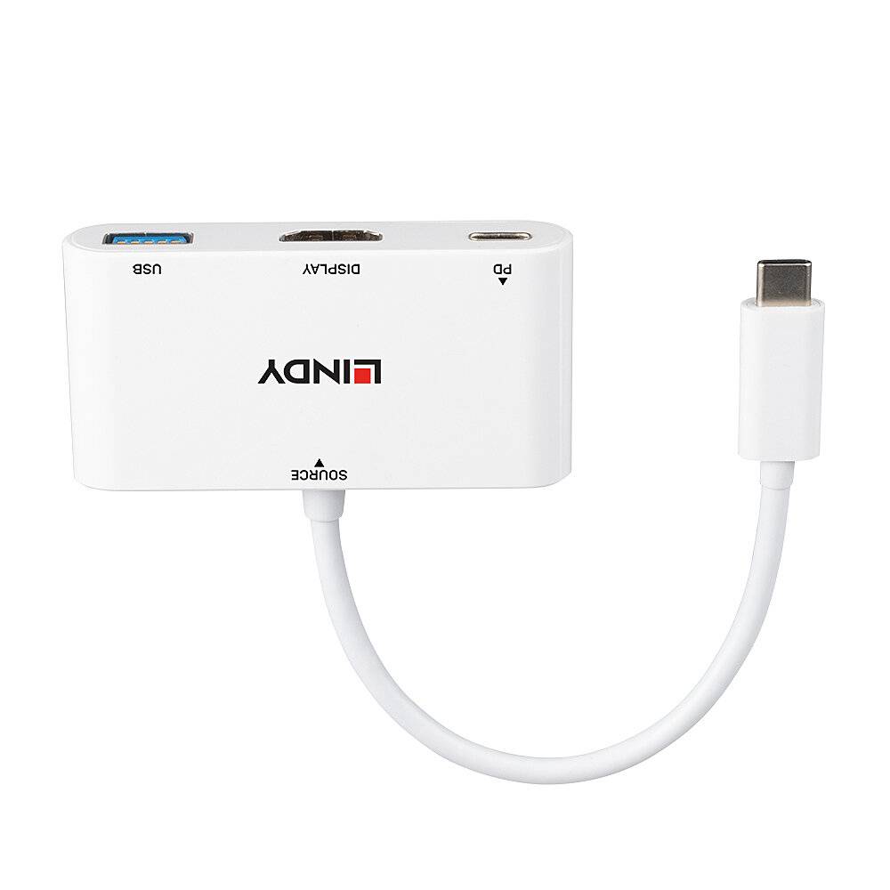 Een witte USB-C-adapter met aansluitingen voor USB, DisplayPort en stroomvoorziening. Het merk is zichtbaar aan de voorkant.