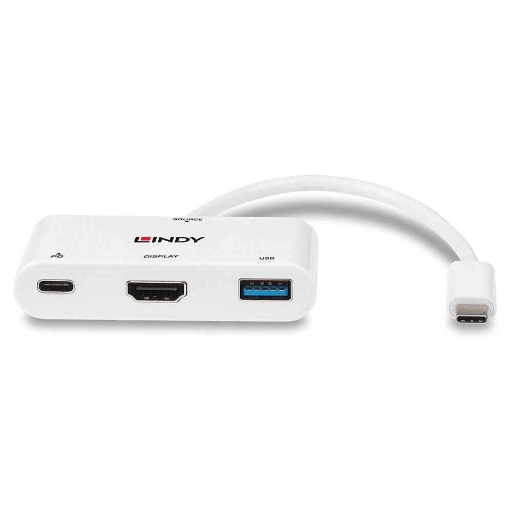 Een USB-C-adapter met een HDMI-poort, een USB-A-poort en een USB-C-poort. Gemerkt met 'Lindy'.