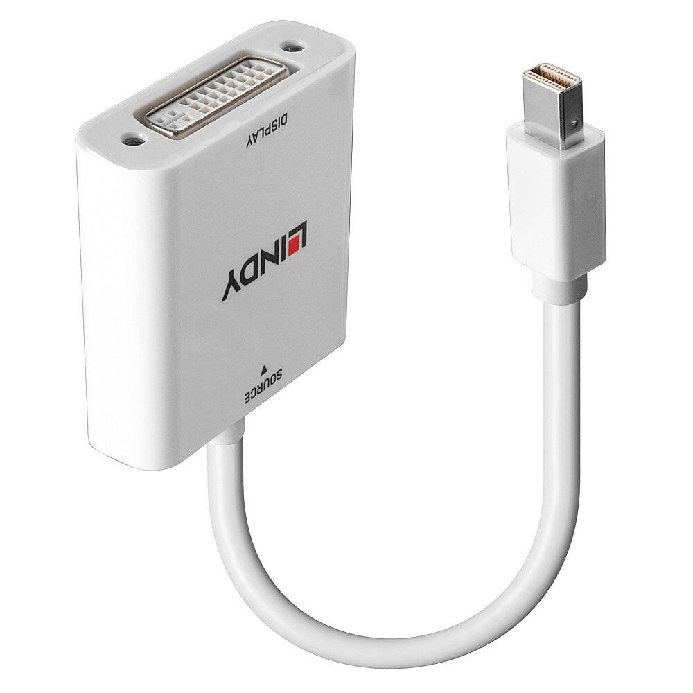 Een witte adapter voor Mini DisplayPort naar DVI, met 'SOURCE' en 'DISPLAY' labels. Hij heeft een kort kabel.