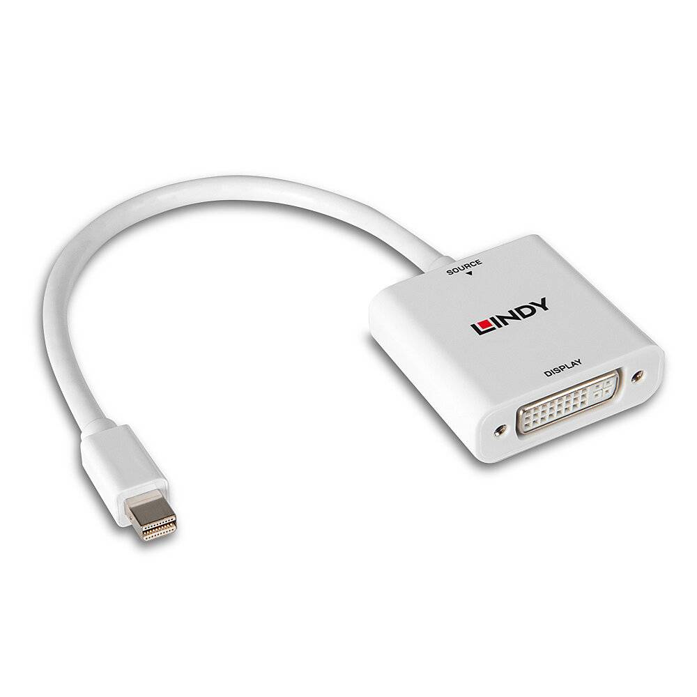 'DVI naar Mini DisplayPort Adapter' in het Wit met een kort kabel, geschikt voor het aansluiten van computers op monitors of projectoren.
