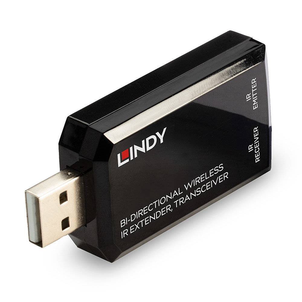 Zwarte USB-infrarood-transceiver van Lindy, voorzien van het opschrift 'Bi-Directionele Draadloze IR-Extender, Transceiver'.