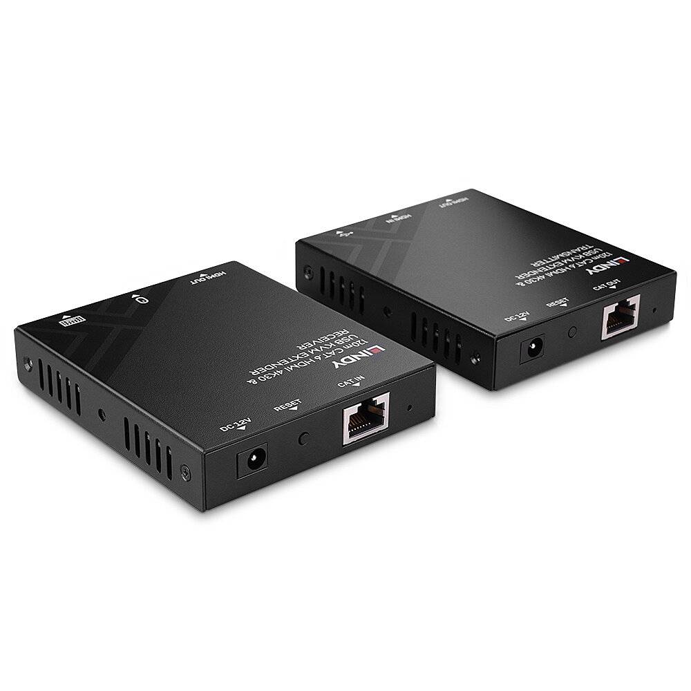 Twee zwarte HDMI-extenders met Ethernet-aansluiting en stroomvoorziening, bedoeld voor het verlengen van HDMI-signalen over grotere afstanden.