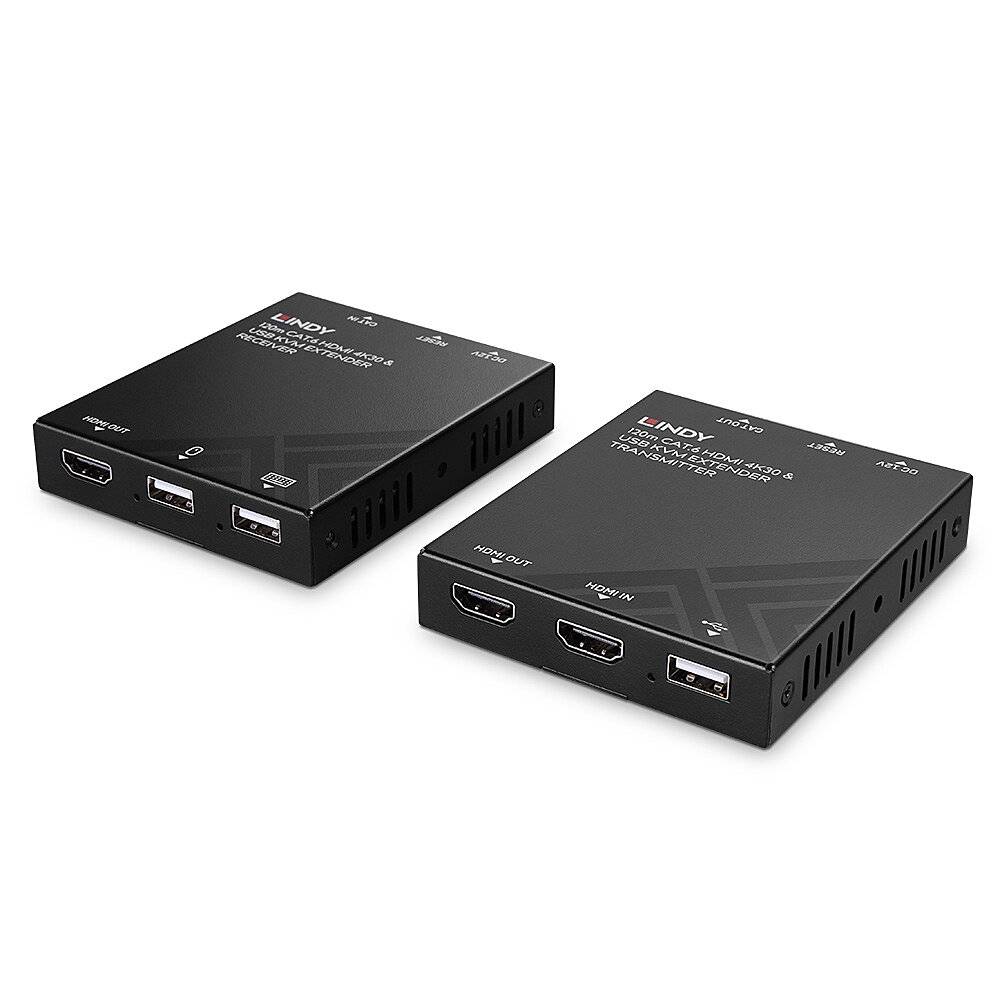 Twee zwarte rechthoekige HDMI-extender-apparaten met USB-poorten die worden gebruikt voor signaaloverdracht over langere afstanden.