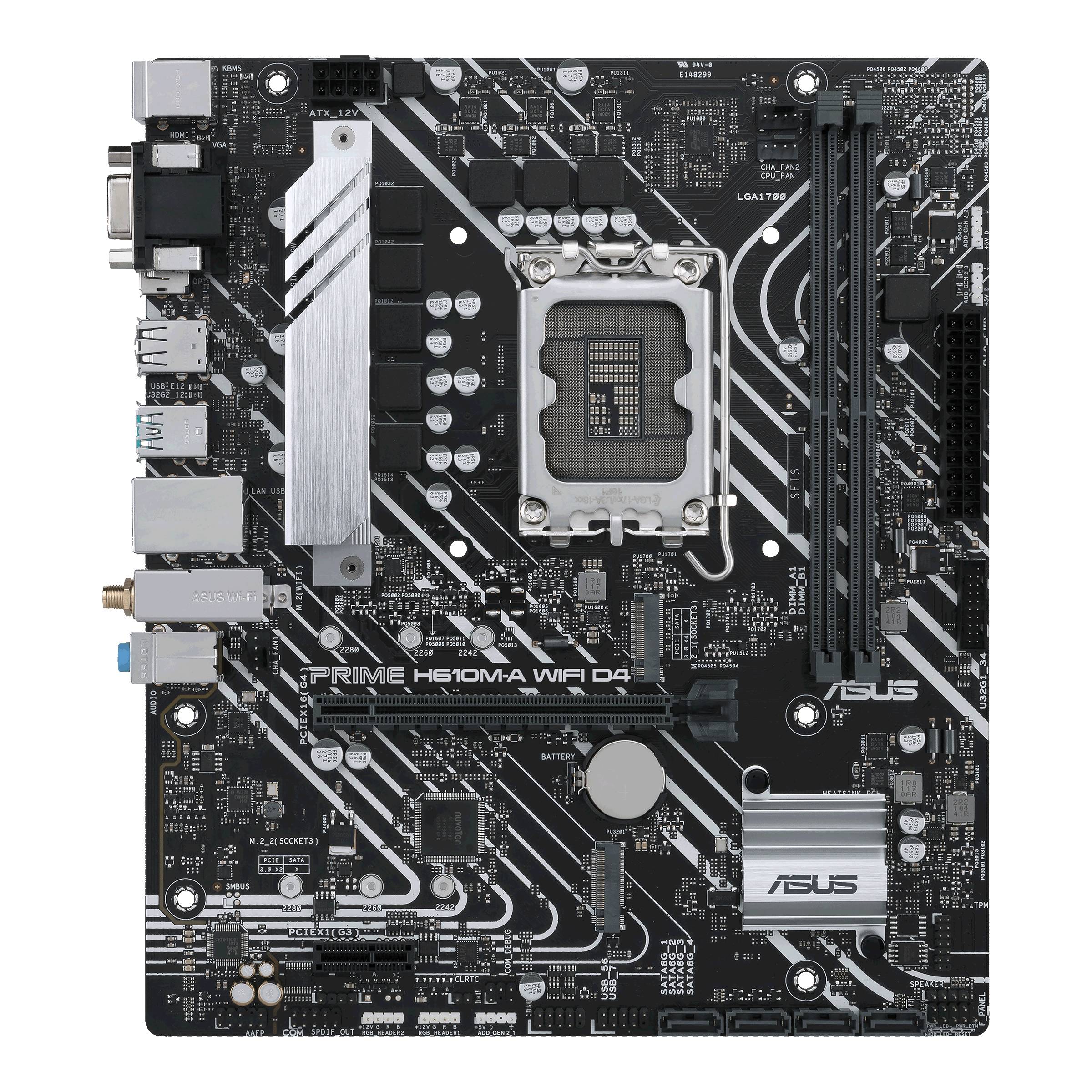 Een computermoederbord met meerdere uitbreidingssleuven, aansluitingen en een processor-socket, geschikt voor ASUS Prime H610M-A WIFI D4.