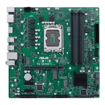 Een groene moederbord met meerdere sleuven, aansluitingen en elektronische componenten. Merk: ASUS Pro Q670M-C.