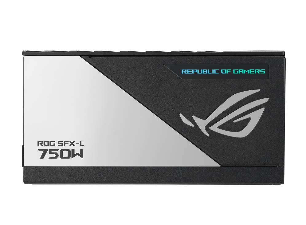 Zwart en zilver computervoedingsblok met de tekst 'ROG SFX-L 750W' en 'REPUBLIC OF GAMERS' evenals het ROG-logo.