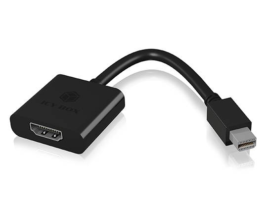 Een zwarte adapter met een HDMI-aansluiting aan de ene kant en een Mini DisplayPort aan de andere. Gemarkeerd met 'ICY BOX'.