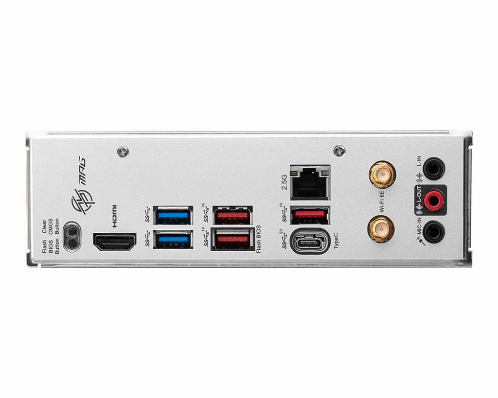 Achterkant van een computer-moederbord met aansluitingen: LAN, HDMI, USB-A, USB-C, Audio, antenne-aansluitingen en voedingsaansluiting.