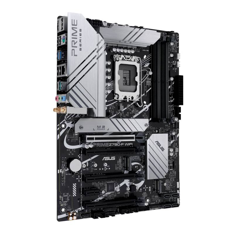Moederbord ASUS Prime Z590-P WI-FI met Intel-socket, PCIe-sleuven, USB-poorten en koelsysteem. Zilveren en zwarte componenten.