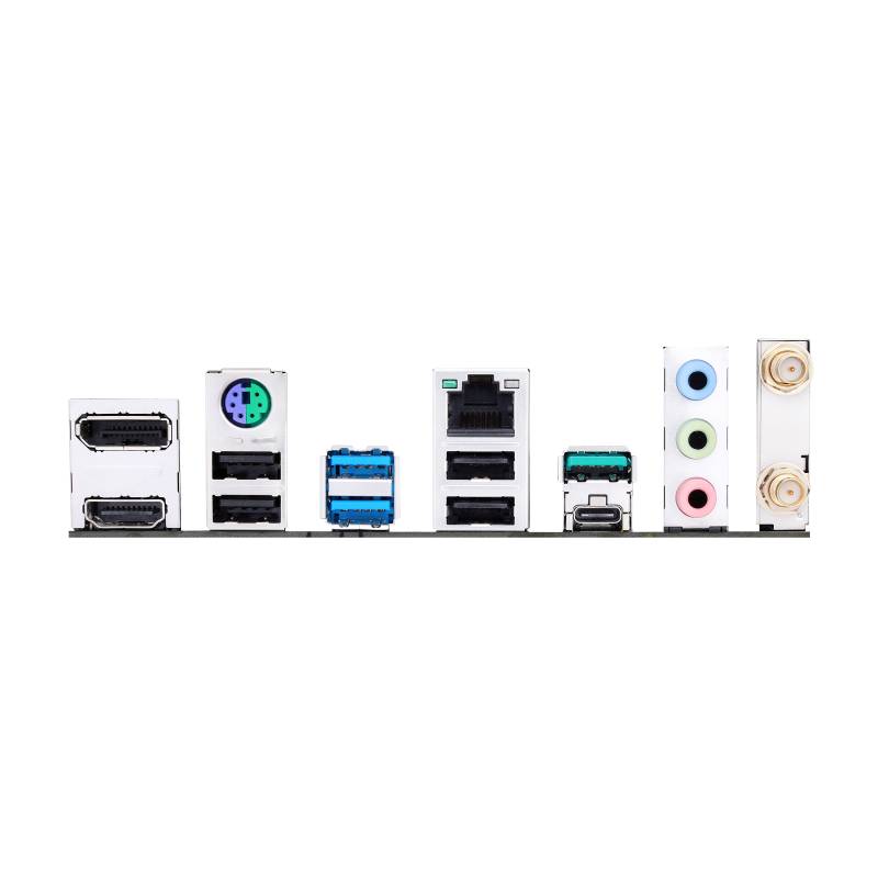 Achterkant van een moederbord met verschillende aansluitingen: HDMI, PS/2, USB, netwerk, audio en antenne.