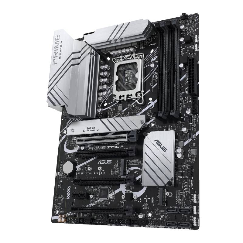 Zwart ASUS PRIME Z790-P moederbord met zilveren heatsinks en verschillende aansluitingen en slots voor CPU's, RAM en uitbreidingskaarten.