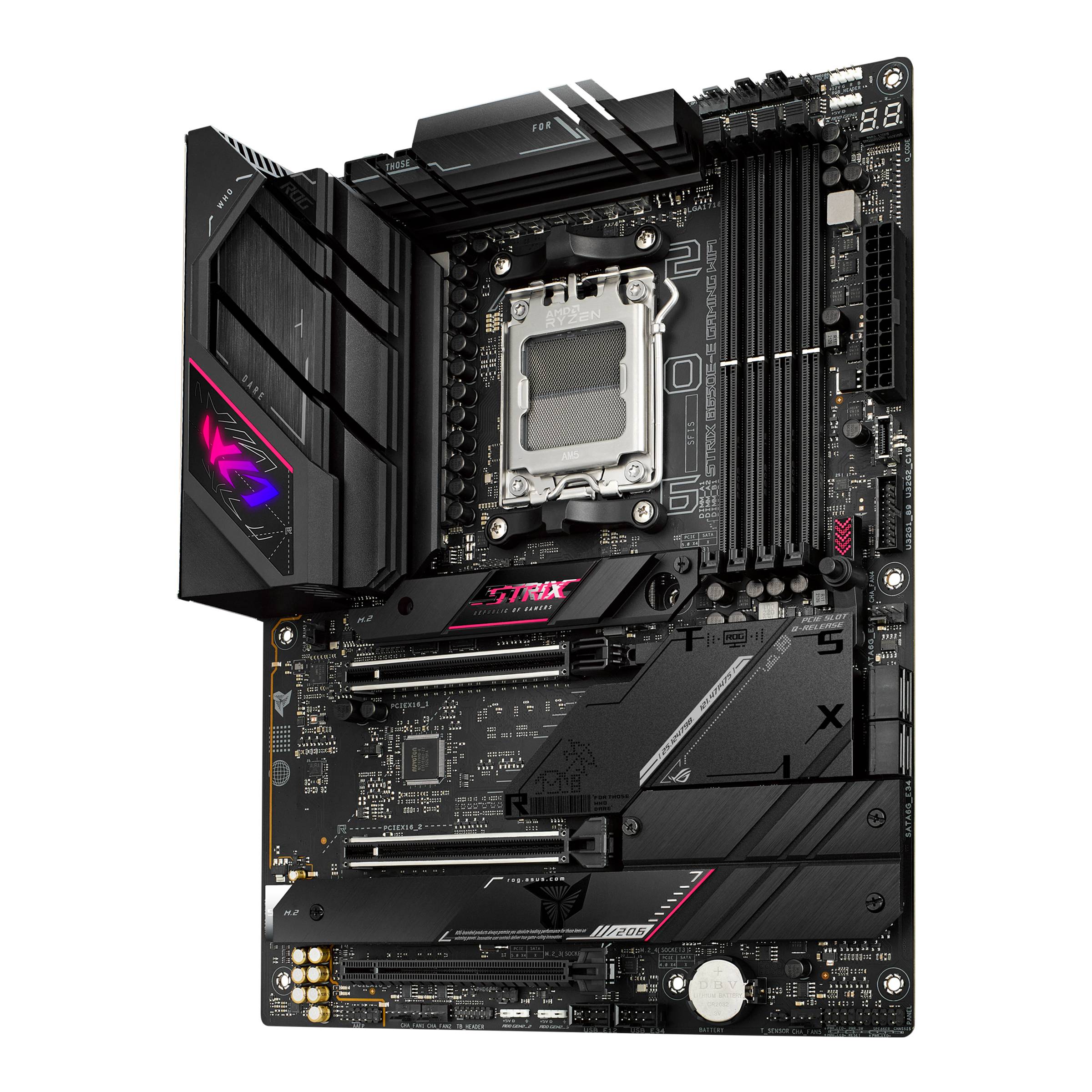 Een zwart computermainboard met meerdere sleuven voor processors, RAM en uitbreidingskaarten, centrale componenten zichtbaar.