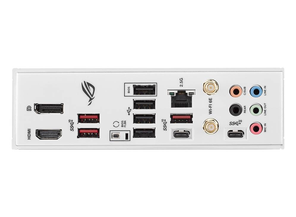 Achterkant van een moederbord met meerdere aansluitingen: HDMI, DisplayPort, USB-Type-A en Type-C, Ethernet, Wi-Fi, audio-aansluitingen.