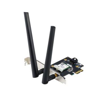 Een PCIe-WLAN-kaart met twee antennes, voor installatie in de computer om draadloze netwerkverbindingen mogelijk te maken.