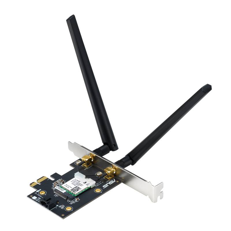 Een draadloze netwerkkaart met twee antennes, gemonteerd op een metalen beugel, geschikt voor desktopcomputers voor WiFi-verbinding.