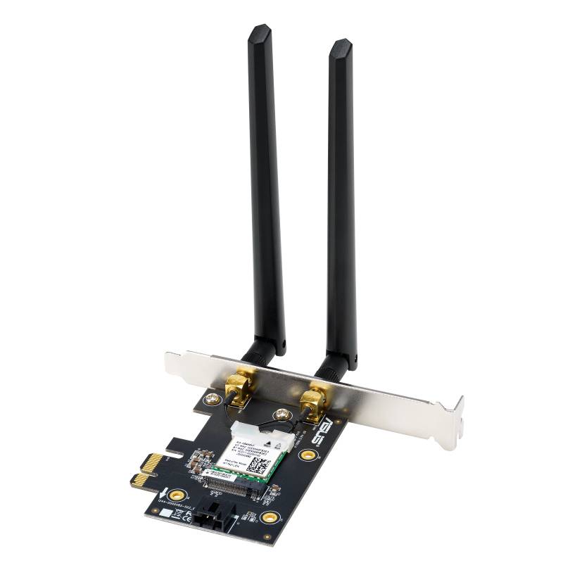 Een PCIe-WLAN-kaart met twee antennes voor desktop-pc's, geschikt voor draadloze netwerkverbindingen.