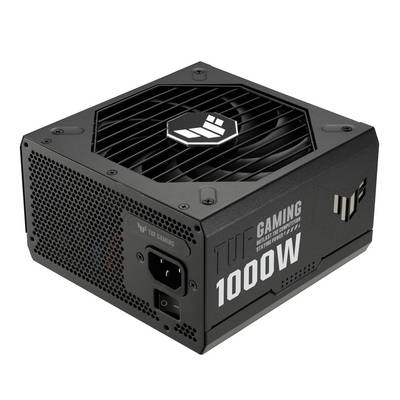 Een zwart 1000W voedingstoestel van het merk TUF Gaming, met ventilatorrooster en logo op de bovenkant, bestemd voor computergebruik.