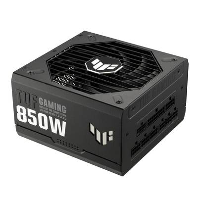 Zwart TUF Gaming-voedingstoestel met 850W vermogen, ventilator bovenaan en aansluitingen aan de zijkant. Geschikt voor krachtige pc's.