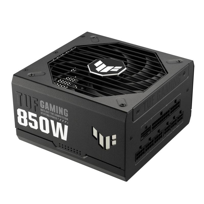 Zwarte TUF Gaming 850W voeding met zichtbaar logo en ventilator aan de bovenkant. Aansluitpoorten aan de zijkant zijn duidelijk afgebeeld.