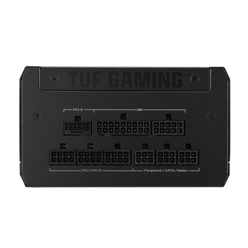 Zwart computervoedingsapparaat met meerdere aansluitingen voor PCI-E, MB, CPU/PCI-E en randapparatuur/SATA/Molex, bovenaan 'TUF GAMING'.