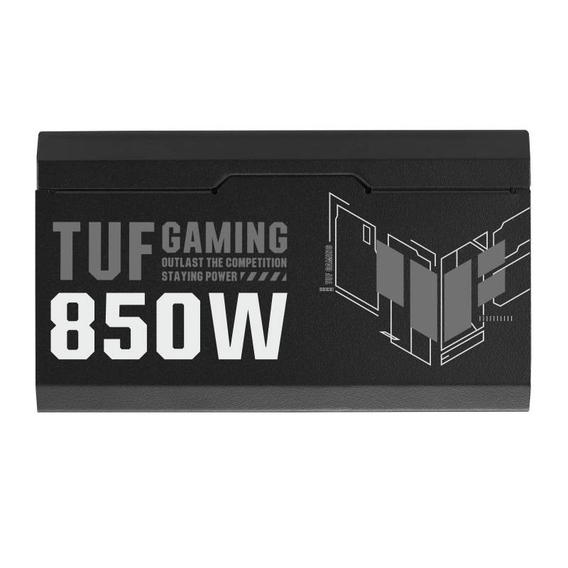 Zwart netsnoer met opschrift 'TUF Gaming 850W'. Daaronder de tekst 'Overleef de concurrentie. Doorzettingsvermogen'.