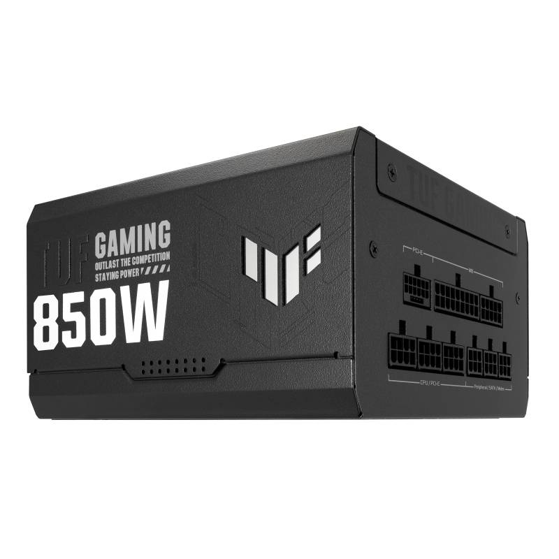 Zwarte pc-voeding met de tekst 'TUF Gaming 850W'. Meerdere aansluitingen zichtbaar aan de zijkant.