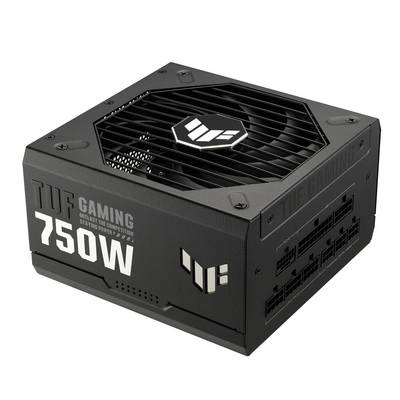 Zwarte voeding met het opschrift 'TUF Gaming 750W'. Het behoort tot de TUF Gaming-serie en heeft modulaire aansluitingen aan de rechterkant.