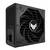 Een zwarte computervoeding met ventilatierooster in close-up. Merklogo op de ventilator. Ideaal voor gaming-pc's.