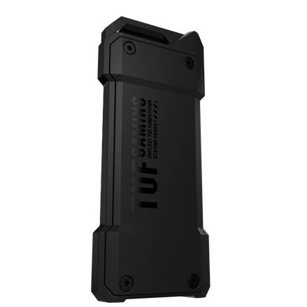 Zwart, robuust behuizing met 'TUF GAMING'-opschrift, vermoedelijk bedoeld voor technische apparatuur zoals een externe harde schijf of SSD.
