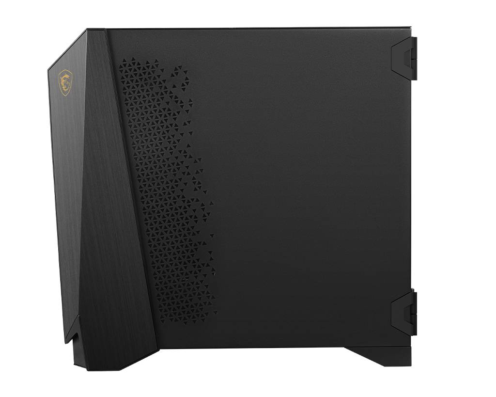 Een zwarte computerbehuizing met een geometrisch patroon op de zijwand. Het oogt modern en strak vormgegeven.