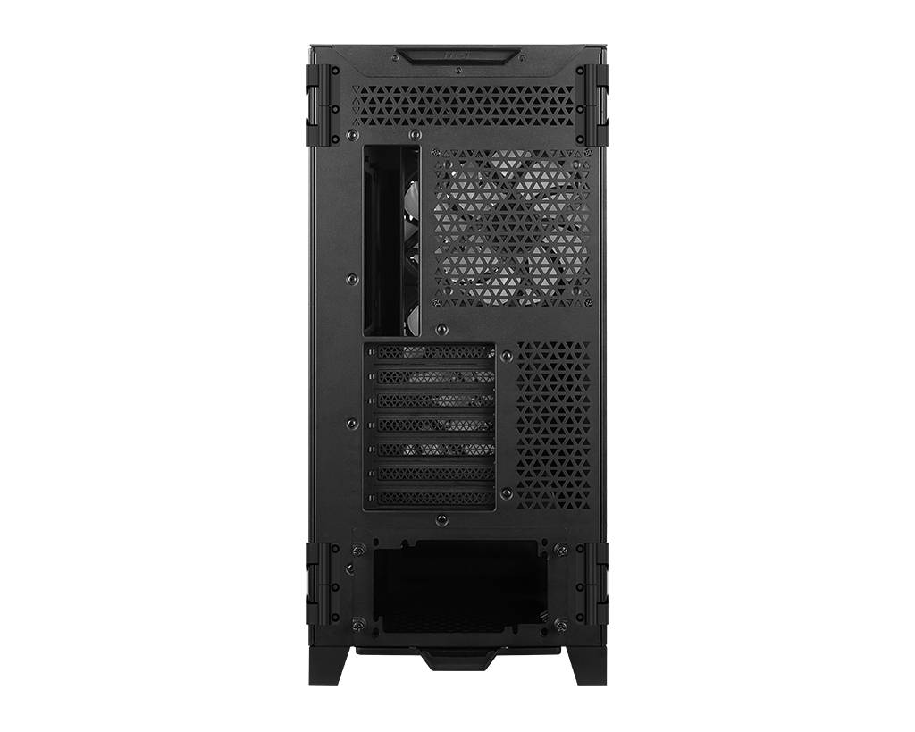Een zwart computerbehuizing van achteren, toont ventilatieopeningen, PCI-sleuven en schakelaaropeningen.
