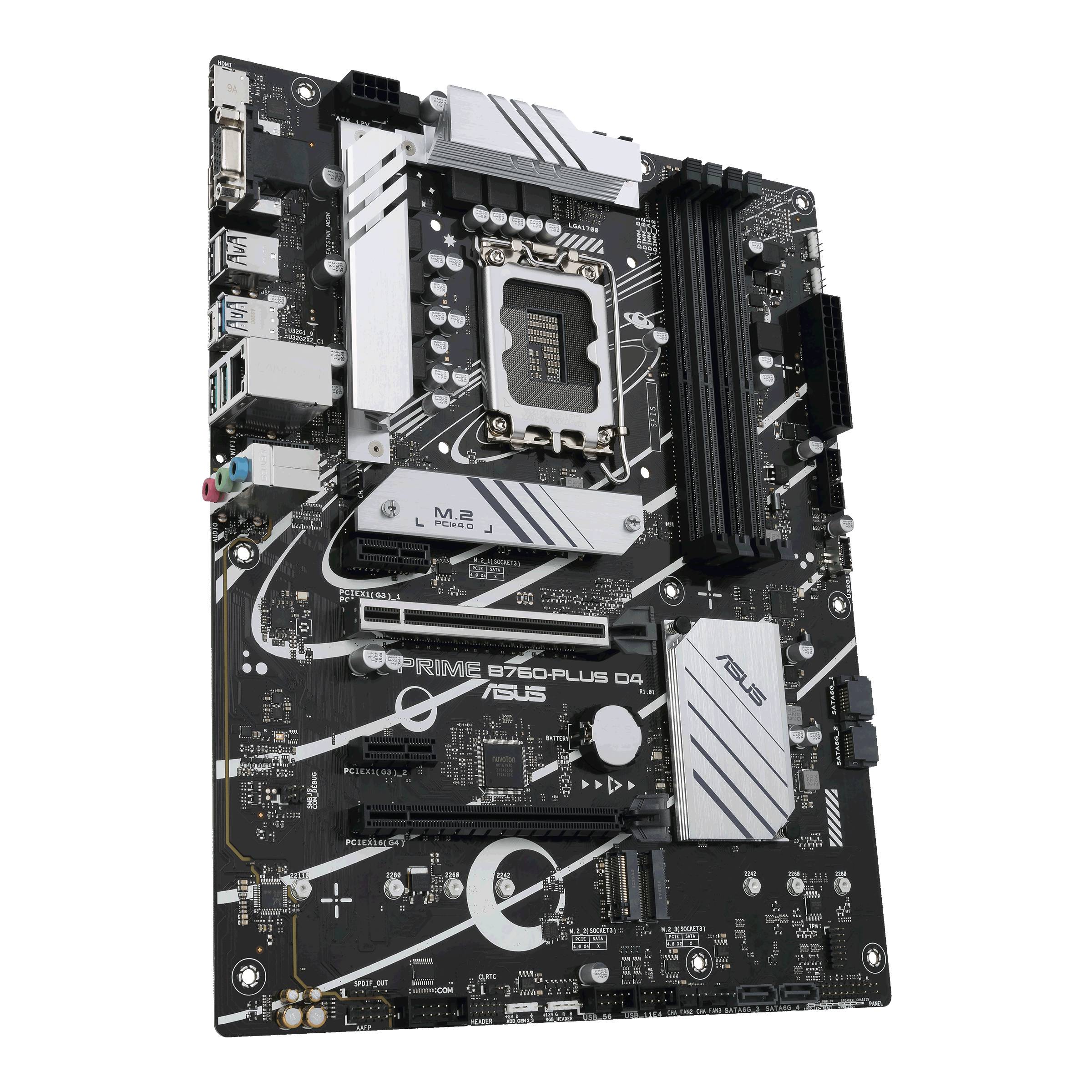 Moederbord Asus Z690-P met koellichaam en RAM-sleuven, geschikt voor 12e generatie Intel-processors, ondersteunt DDR4-RAM.