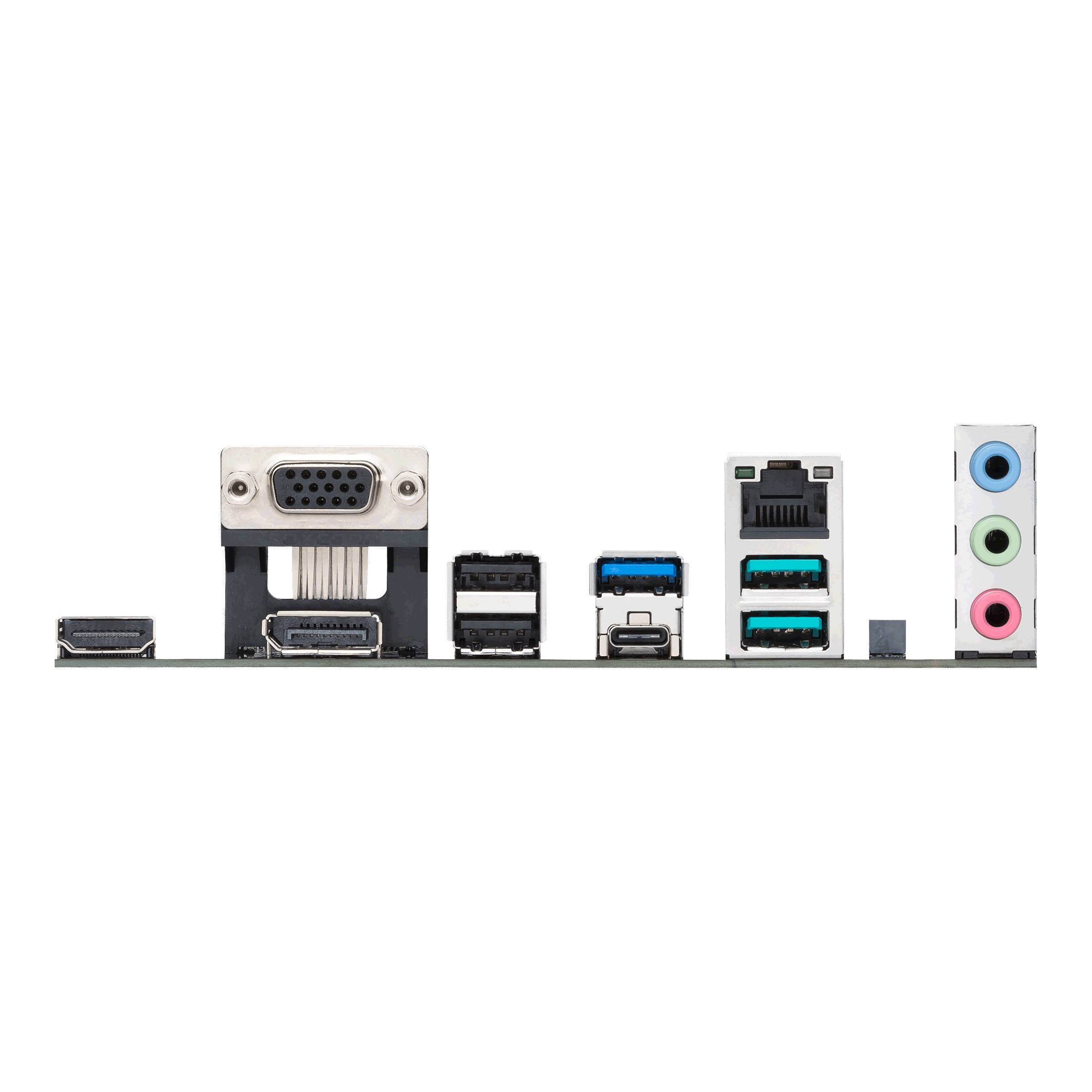 Achterkant van een computer-moederbordplaat met verschillende aansluitingen: HDMI, VGA, USB, Ethernet en audio-aansluitingen.
