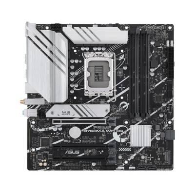 Een computermoederbord met verschillende uitbreidingssleuven en aansluitingen, waaronder PCIe-slots en RAM-sleuven.