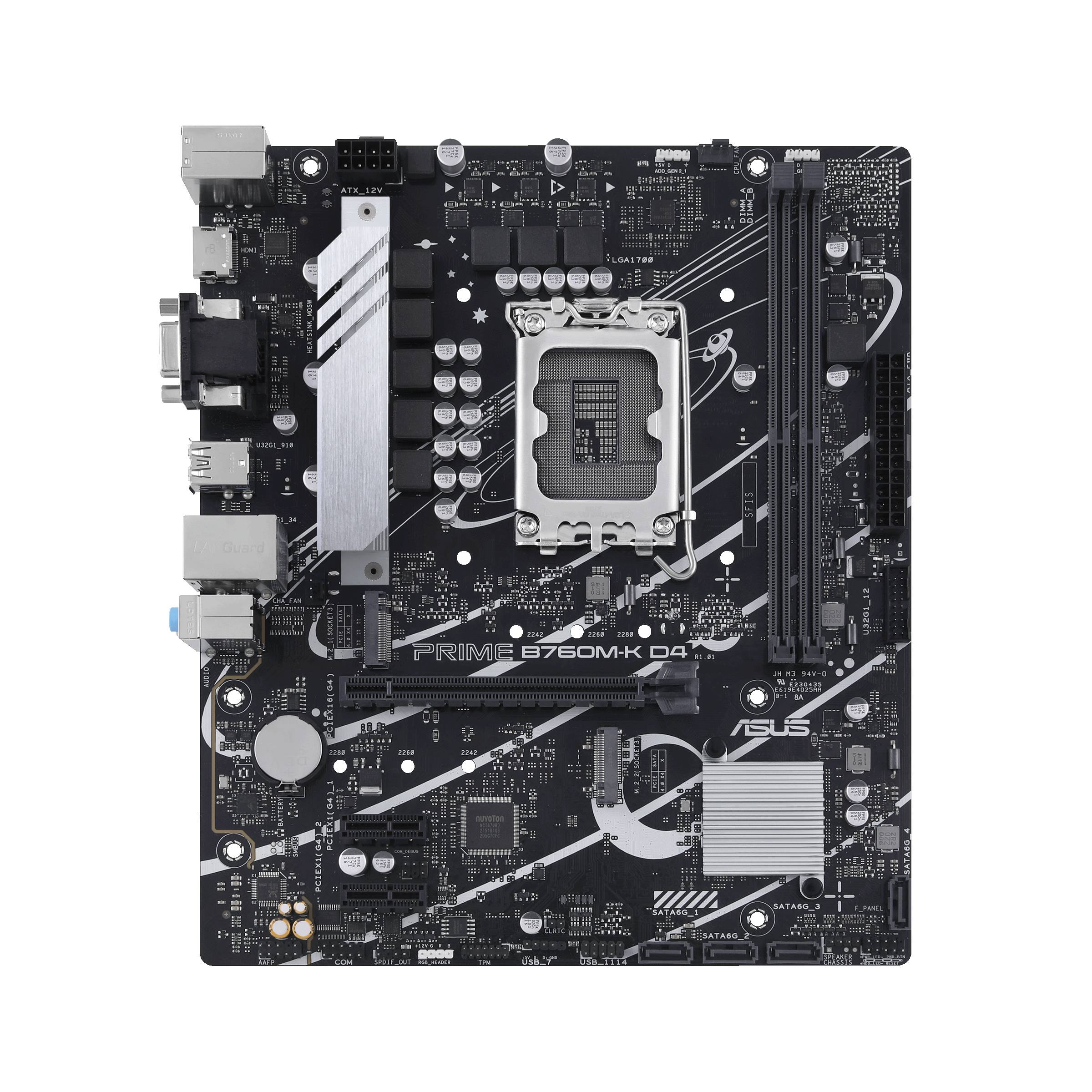 Zwart moederbord met zilveren accenten, meerdere PCIe-sleuven, RAM-sleuven, aansluitingen en CPU-socket in het midden. Merknaam 'ASUS' zichtbaar.