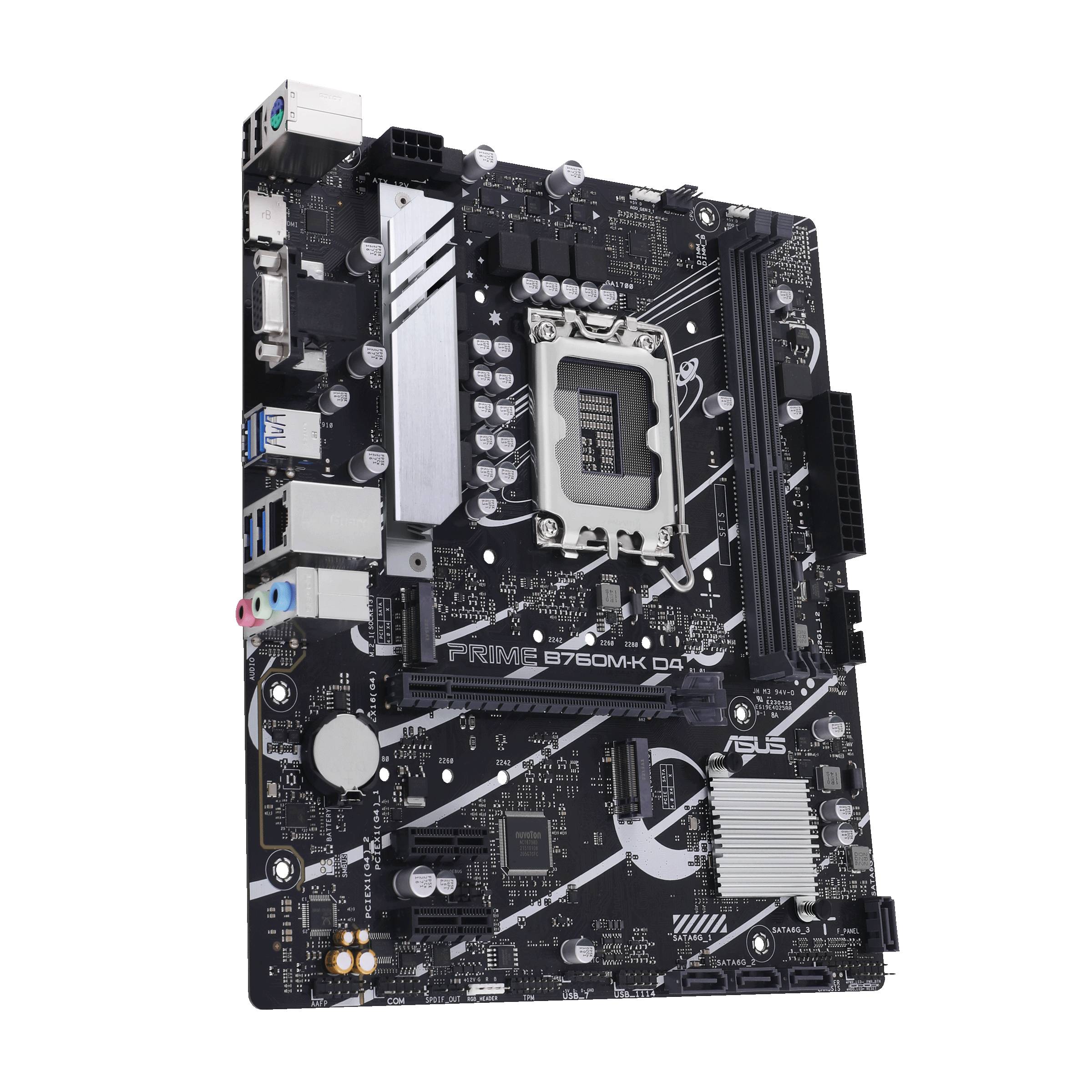 Een ASUS PRIME B760M-K D4 moederbord, met verschillende aansluitingen en componenten, geschikt voor computerbouw en -verbetering.