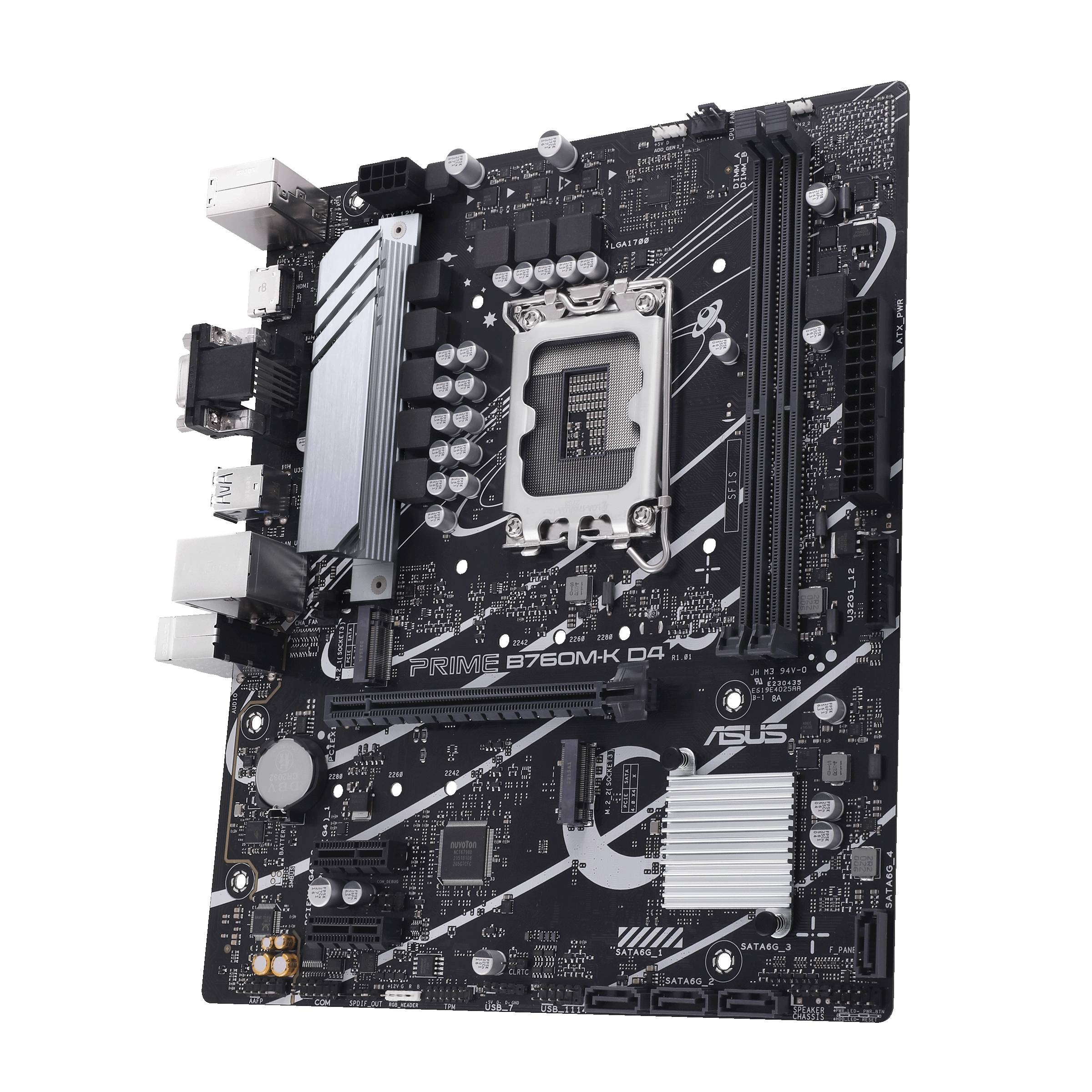 Een zwart moederbord met meerdere sleuven voor RAM en een CPU-socket in het midden. Aansluitingen zijn aan de zijkant geplaatst.