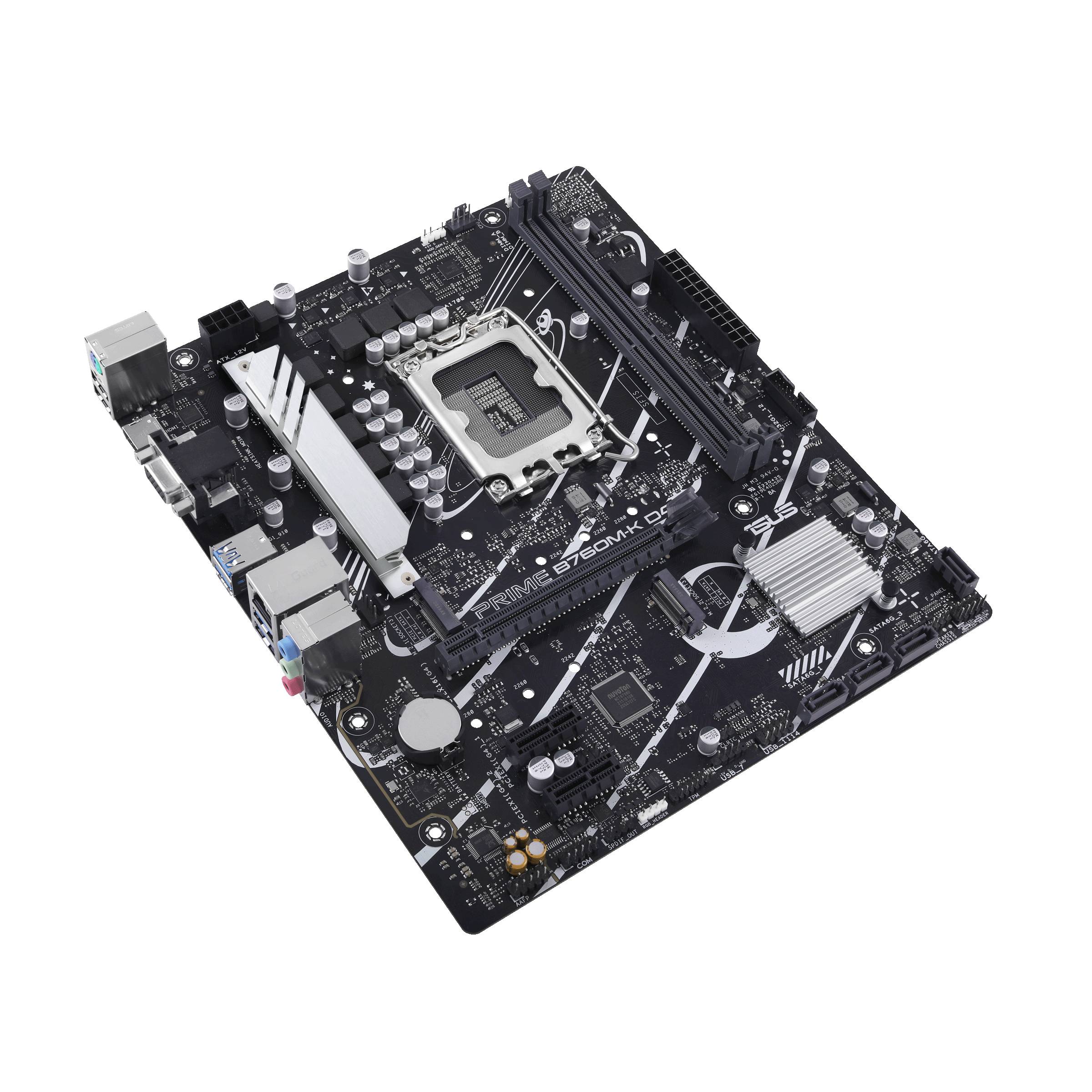 Een zwart computermotherboard met verschillende aansluitingen en uitbreidingssleuven, geschikt voor LGA 1151 processors.