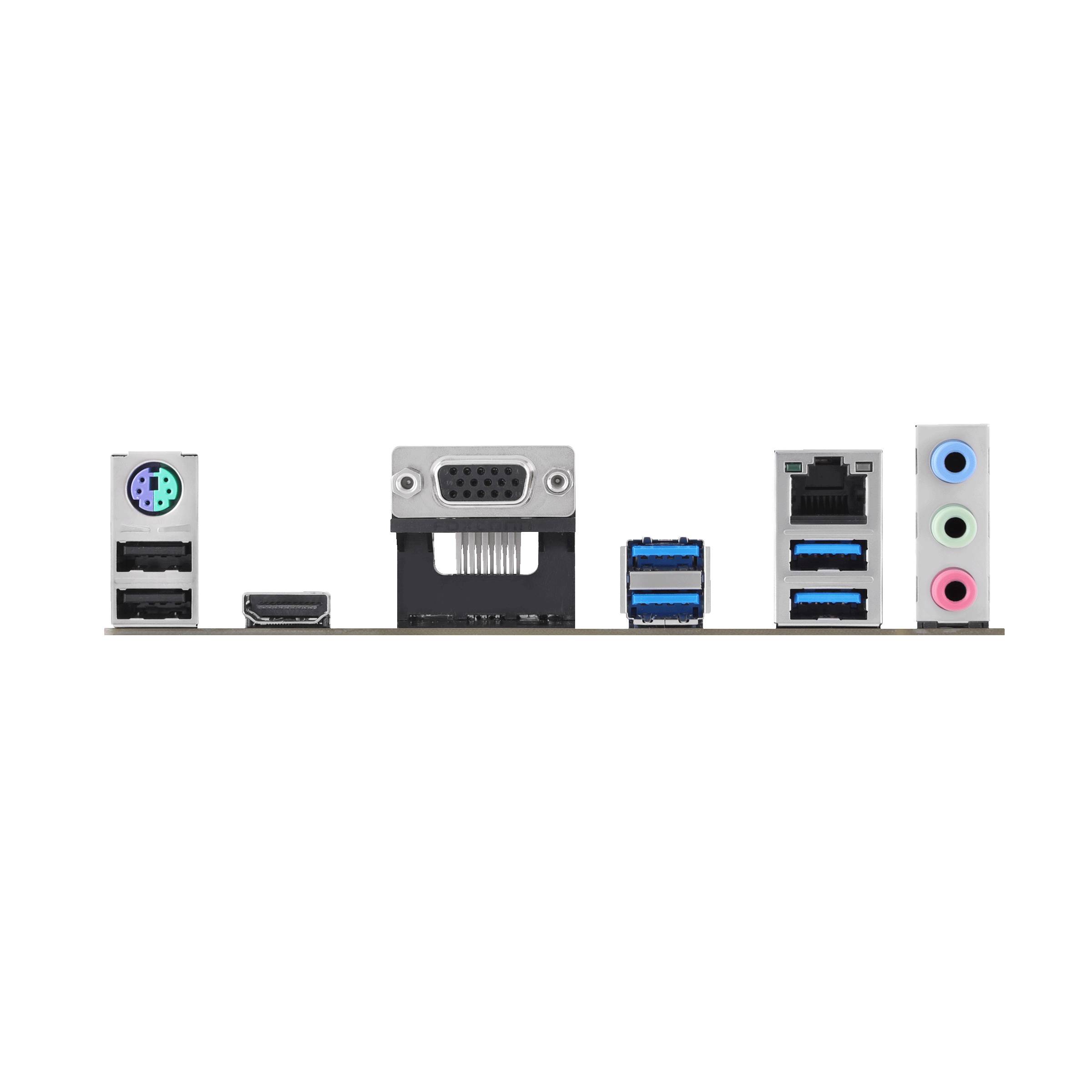 Achterkant van een computer-moederbord met verschillende aansluitingen: PS/2, HDMI, VGA, USB 3.0, Ethernet en audio-aansluitingen.