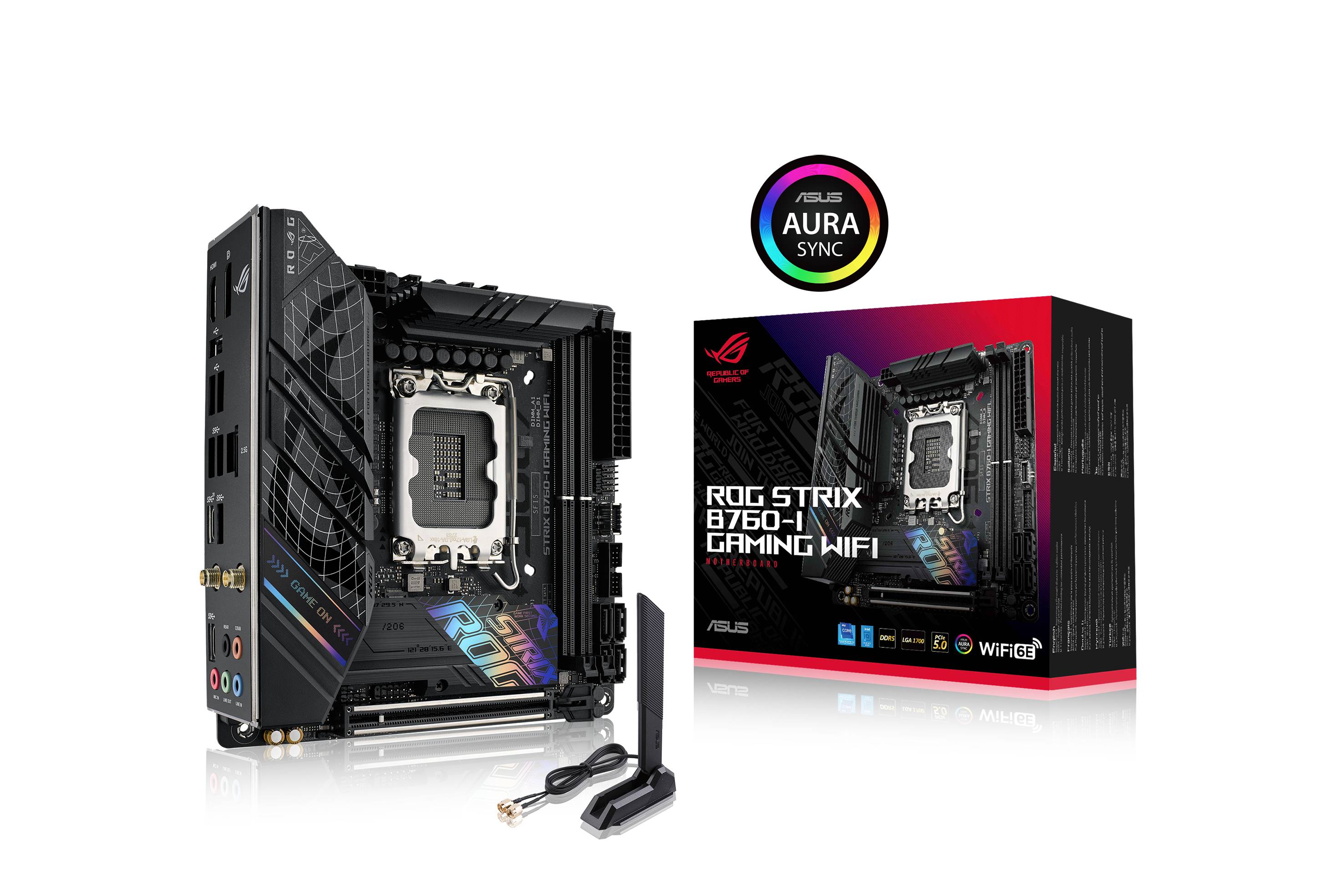 ASUS ROG Strix B760-I Gaming WiFi-moederbord en doos. Met RGB-verlichting, diverse aansluitingen zichtbaar aan de zijkant. Bevat antenne.