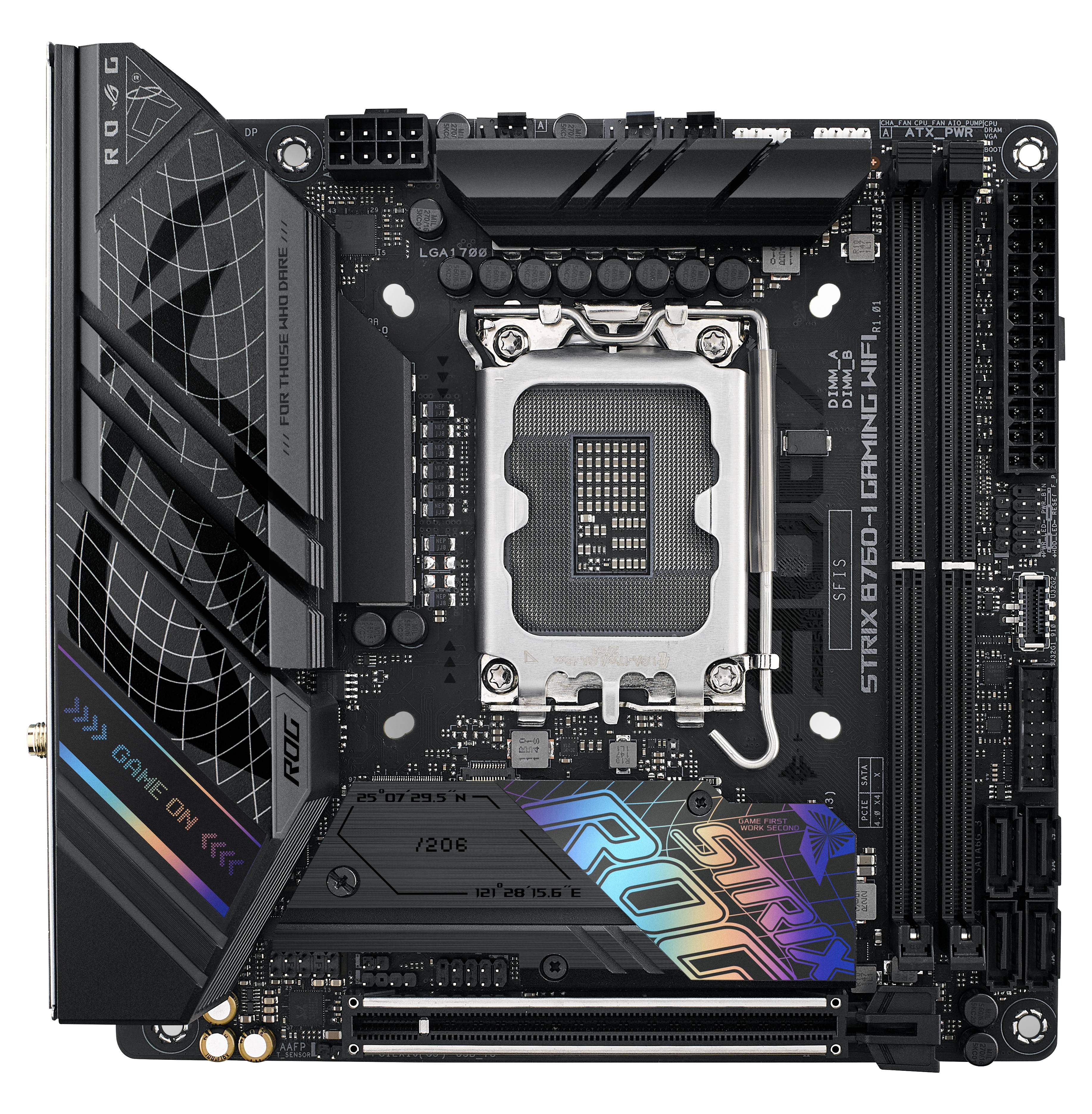 Moederbord ASUS ROG Strix B760-I Gaming WiFi met RGB-verlichting, meerdere PCIe-sleuven en RAM-sleuven, geschikt voor gaming.