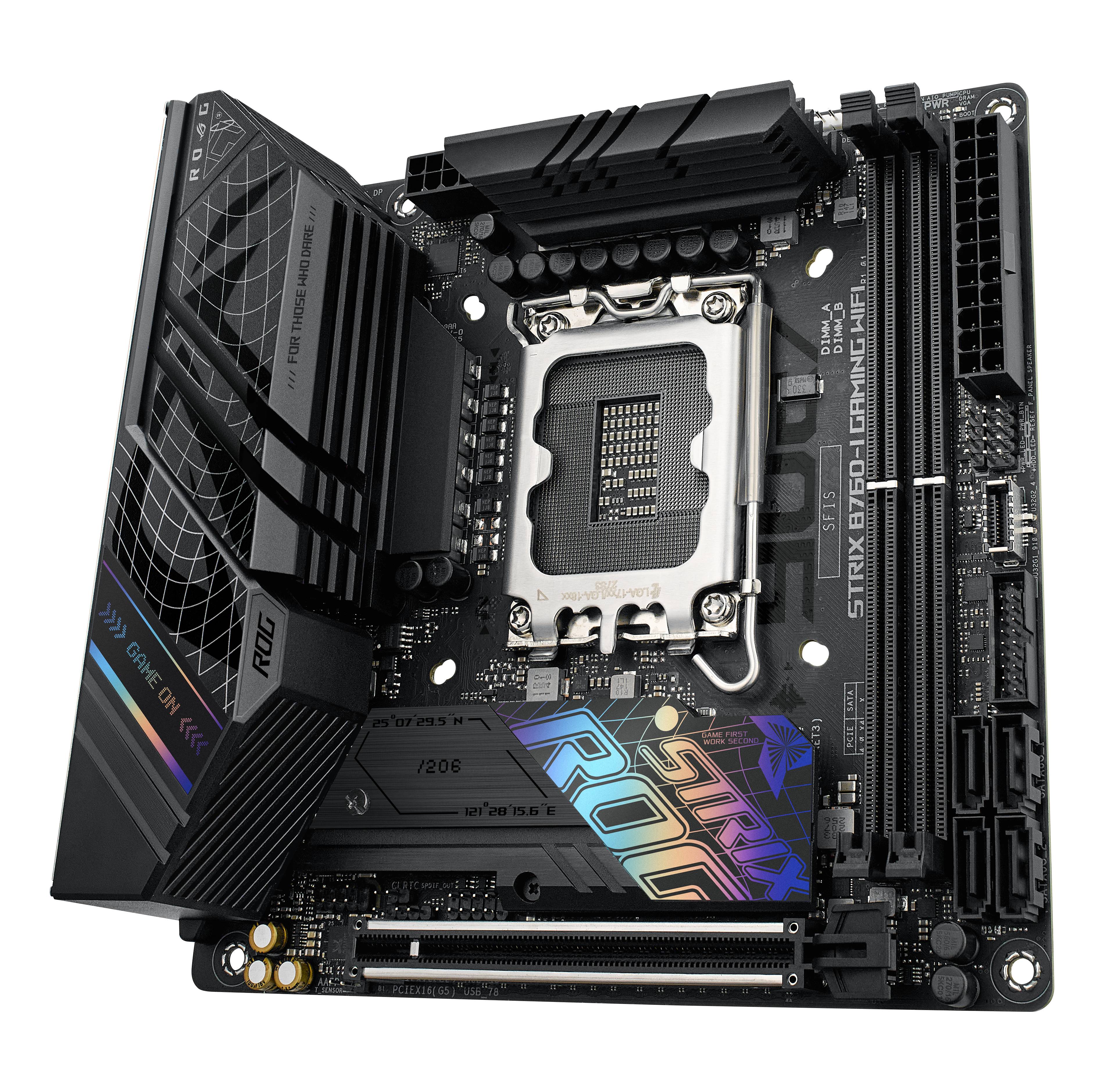 Een computermoederbord met PCIe-sleuven en een RGB-LED-ontwerp. Merknaam en model zichtbaar op het oppervlak.