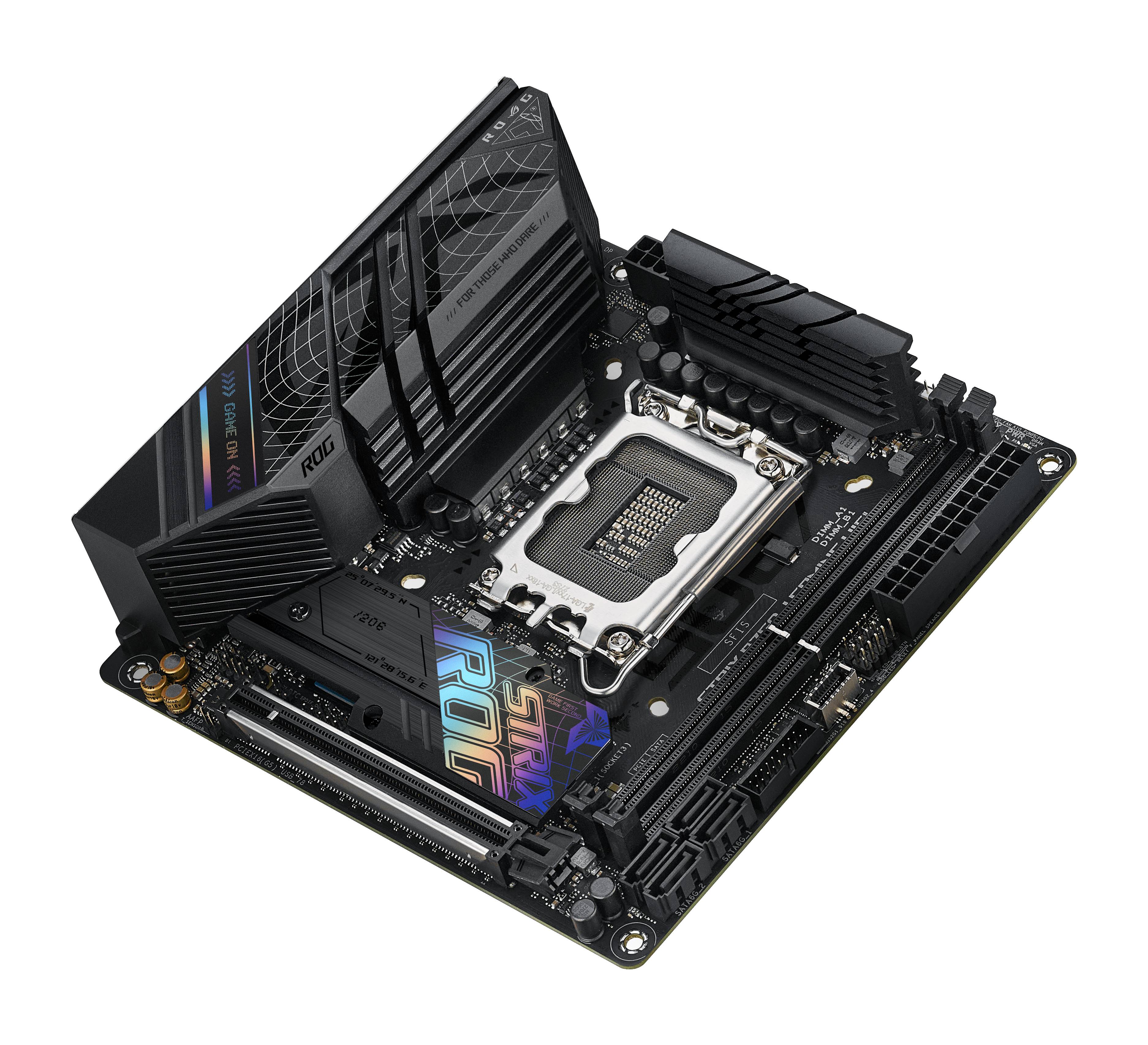 Een zwart computermotherboard met een futuristisch ontwerp, voorzien van meerdere sleuven en aansluitingen voor verschillende componenten.