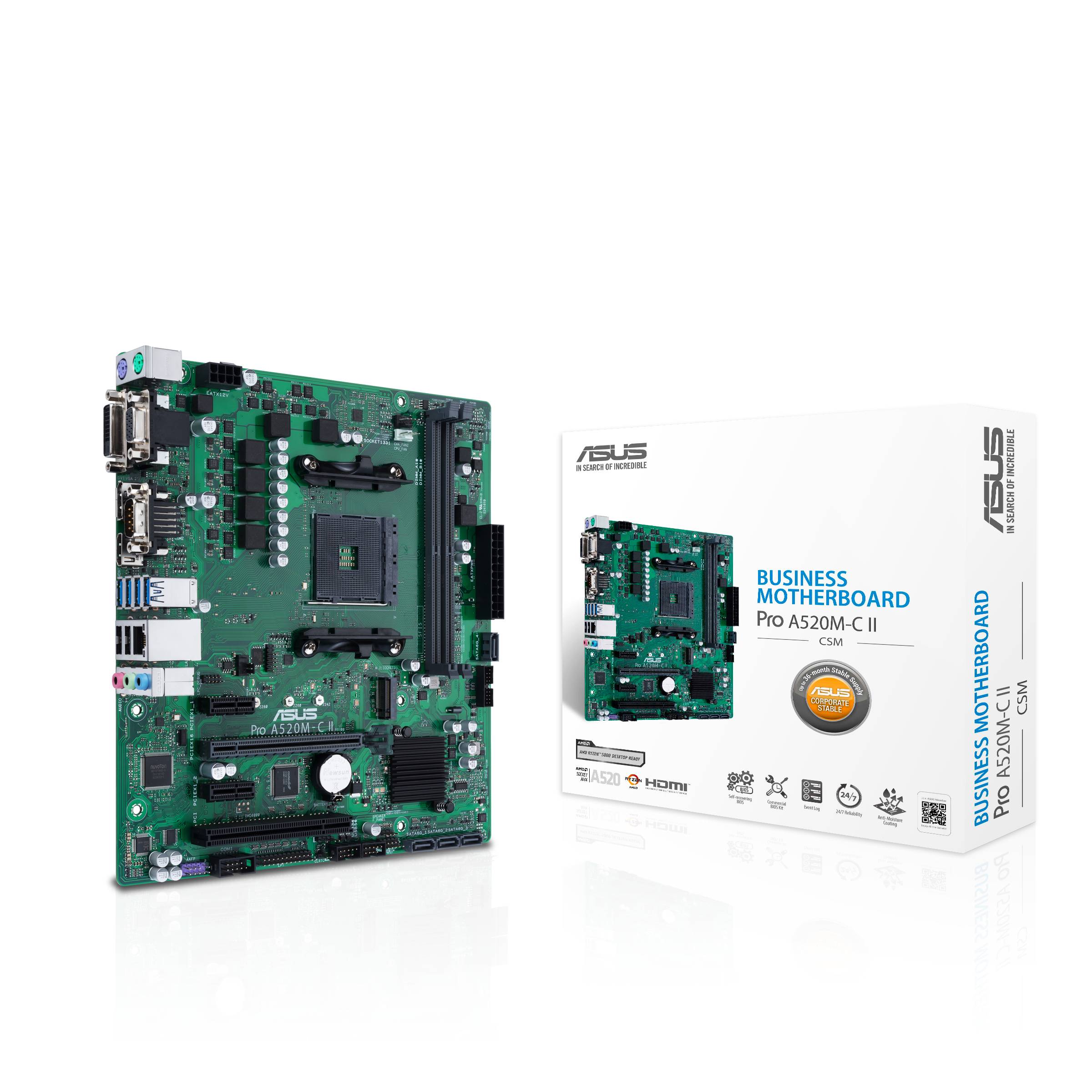 Moederbord ASUS Business Pro A320M-C II met verpakking; groen printplaat, meerdere aansluitingen en componenten zichtbaar. Productweergave.