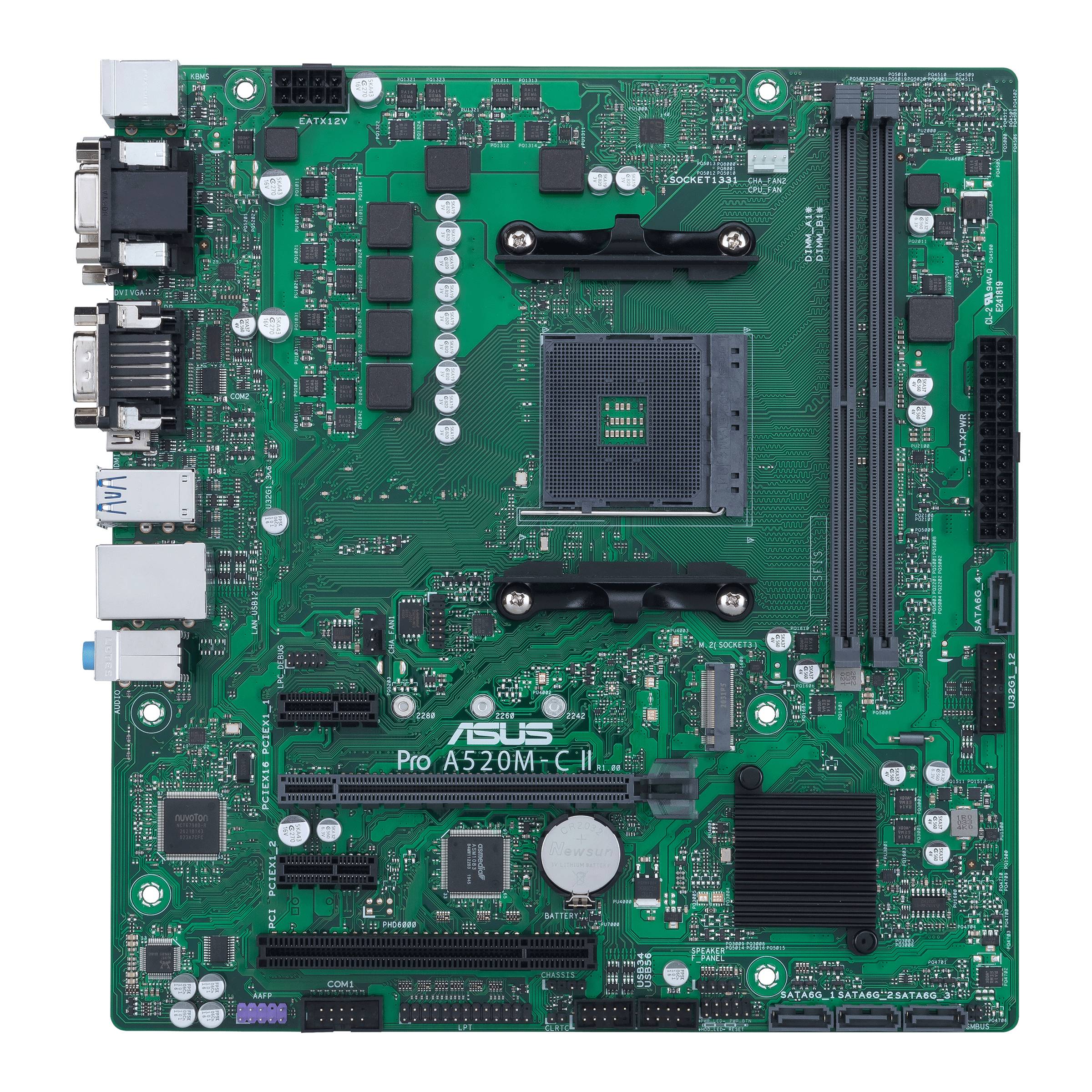 Groene moederbord met verschillende aansluitingen en componenten. De socket in het midden is bestemd voor een processor. Bovenaan is de ruimte voor RAM-modules.