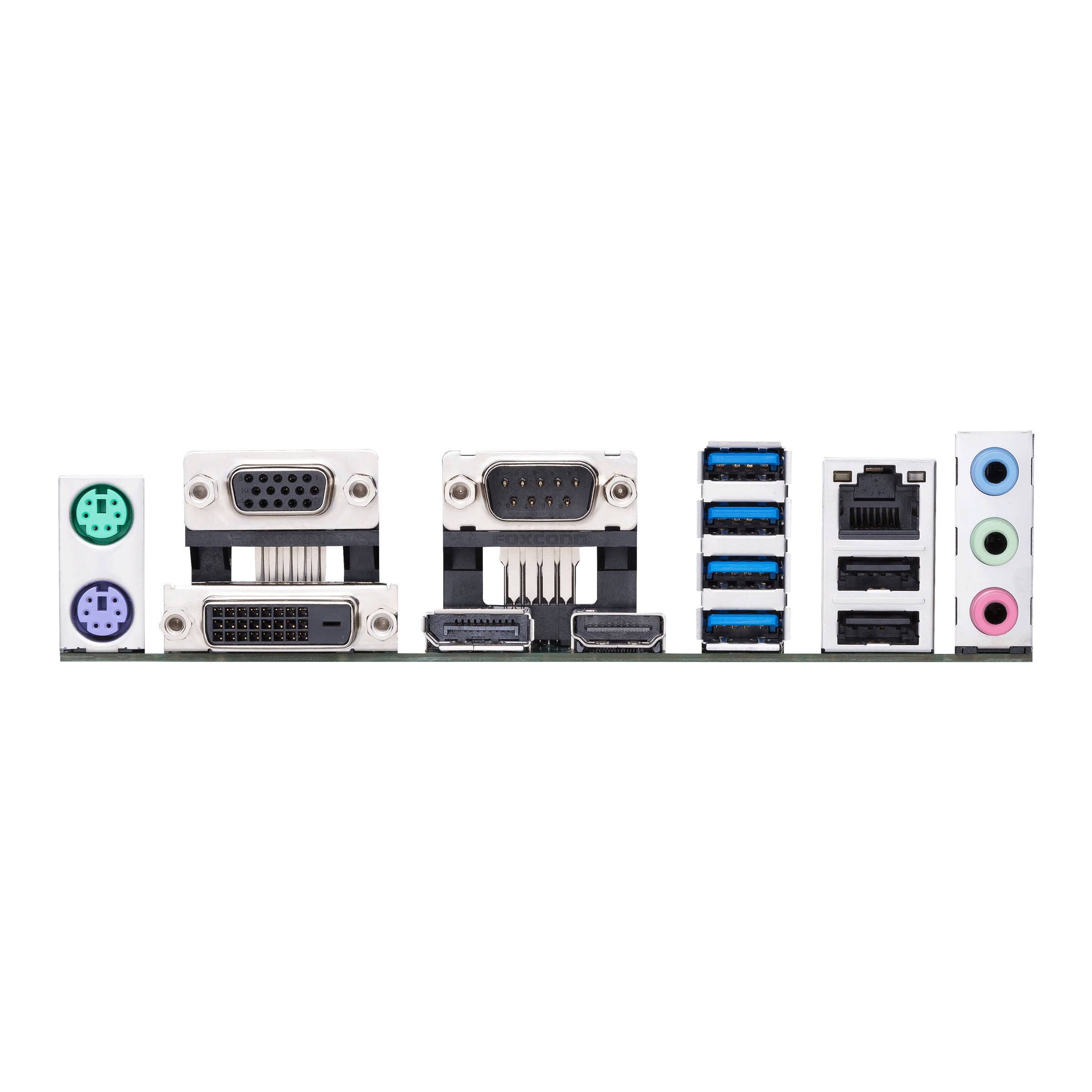 Aansluitingen van een computer-moederbord met USB-, netwerk-, audio- en videopoorten.