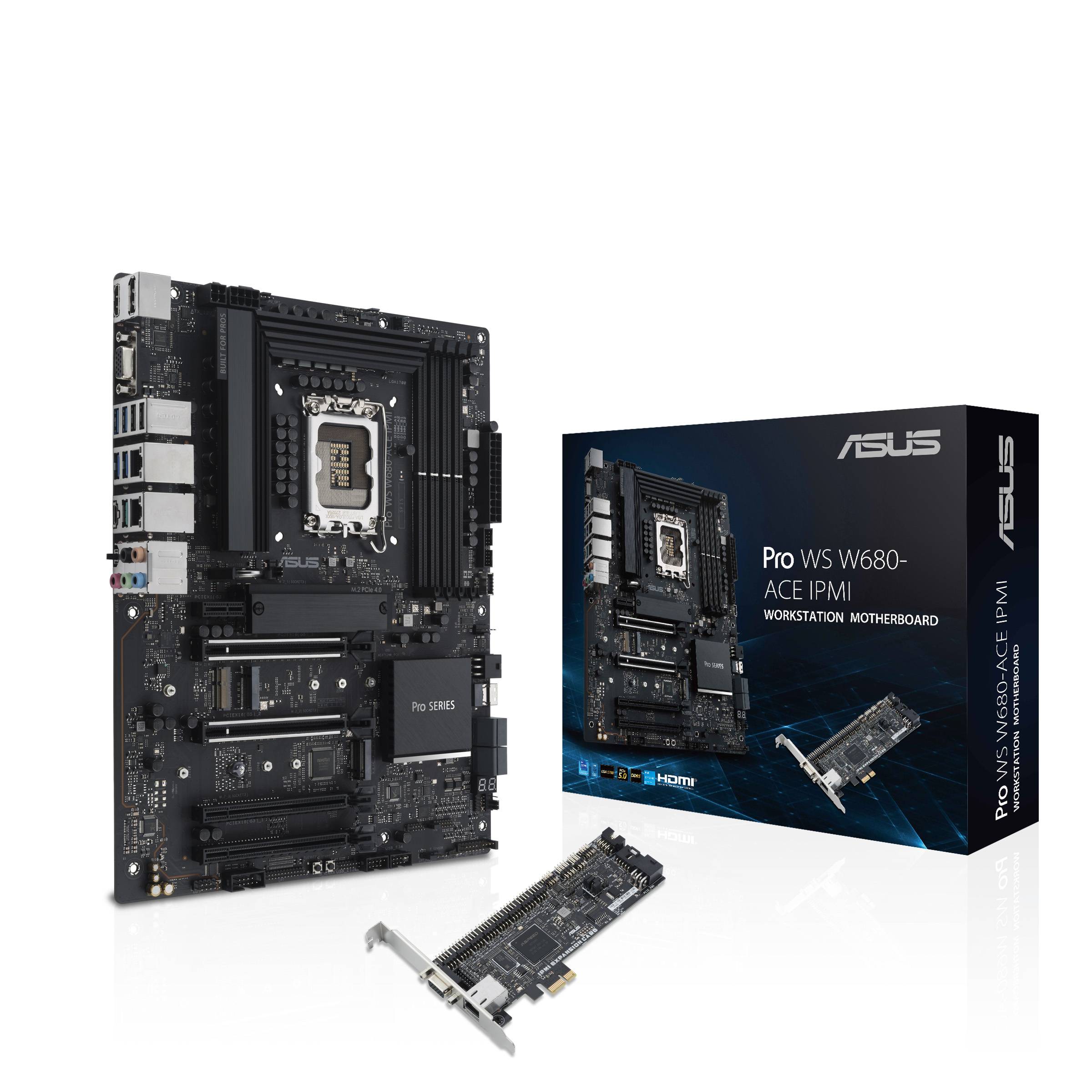 Mainboard 'Pro WS W680-ACE IPMI' met verpakking. Toont aansluitingen en componenten voor workstation-gebruik. Merknaam ASUS.