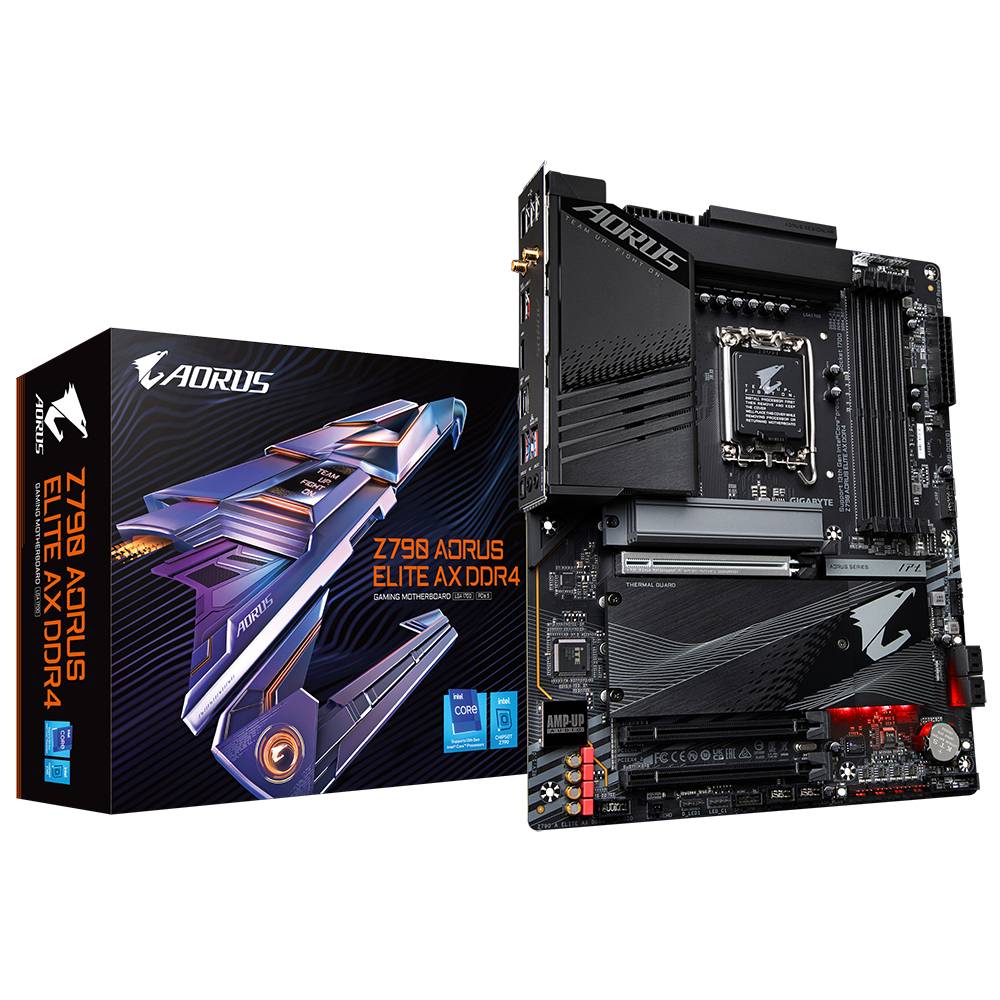 'Mainboard AORUS Elite Z790 AX D4' naast een verpakking met AORUS-logo, geschikt voor gamers en high-performance pc's.